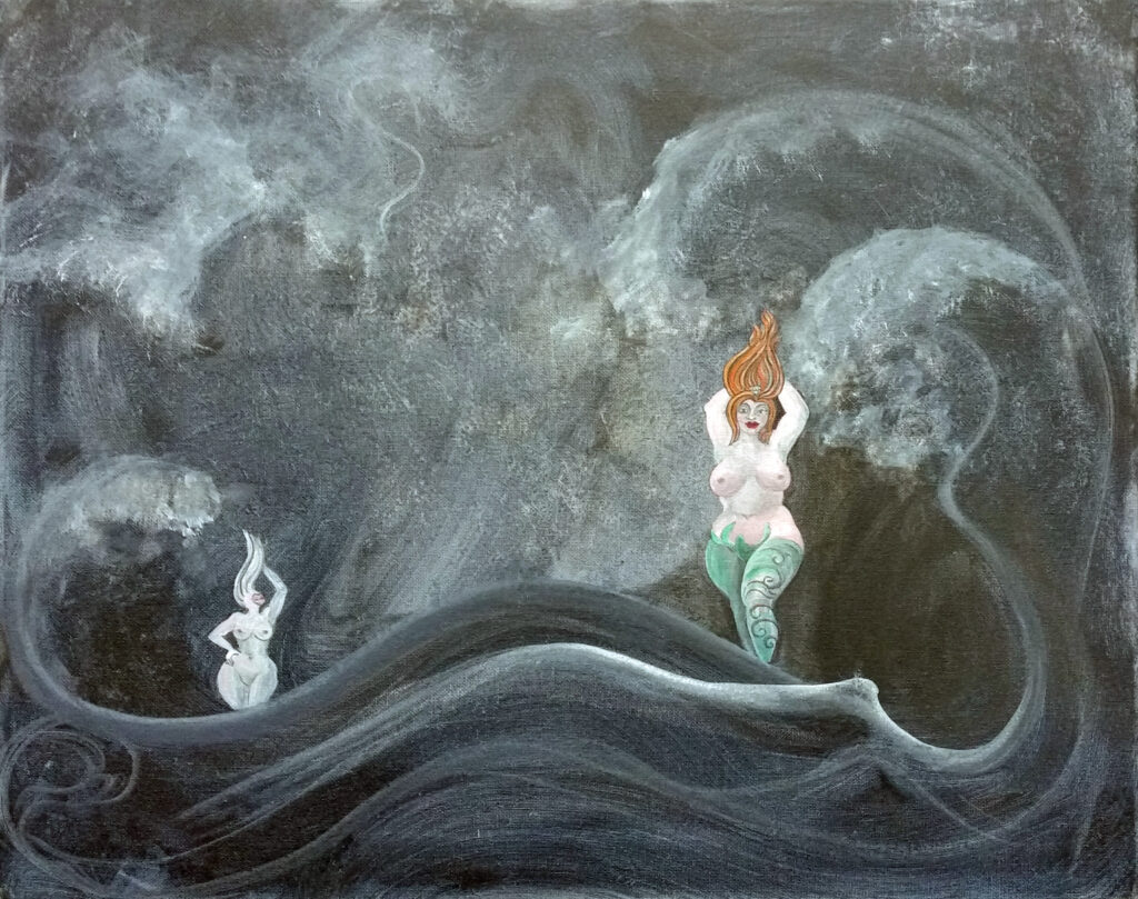 miriamlenk two mermaids for ilse 2019 acrylic on canvas 30x 40cm 2019 acrylauf canvas two lush mermaids float amid waves against a leaden grey sky.