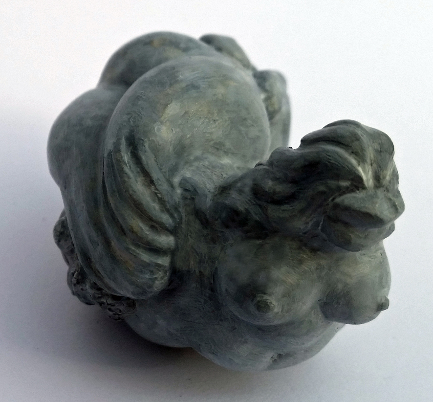 miriamlenk einsplus 2019 miniature of two lying mermaids intertwined. green-blue patinated