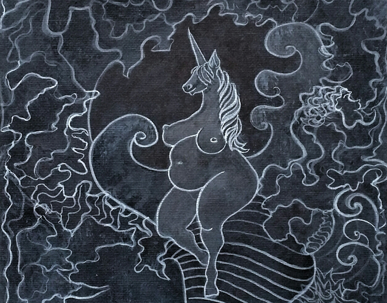 ein mischwesen aus frau und einhorn sitzt seitlich auf einem rankenähnlichen ast. um sie sind weitere ornamentale weibliche mischwesen. acryl auf leinwand, 20x30cm bildausschnitt