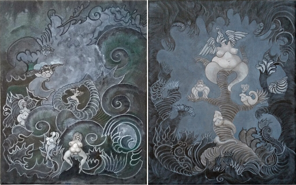 miriamlenk Gewoge und Octopodia 2021 Acrylic on canvas. 24x 30cm. In an animated ornamental nature between underwater worlds and forest, abstract female figures and metamorphoses cavort between woman octopods and snakes.the colours move between blue,grey and green.